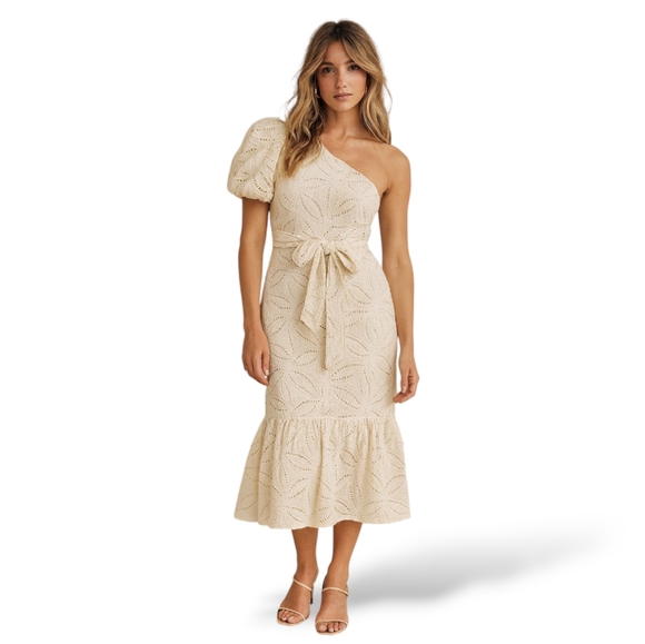 Gibson Latimer Cream Eyelet One Shoulder Puff Sleeve Fit & Flare Midi Dress S - Picture 1 of 11